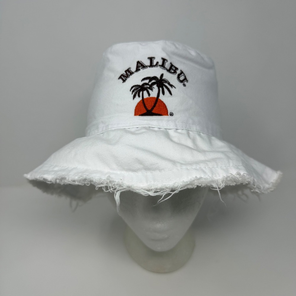 Malibu Palm Tree White‎ Cotton Bucket Hat Frayed Brim Distressed Summer Small